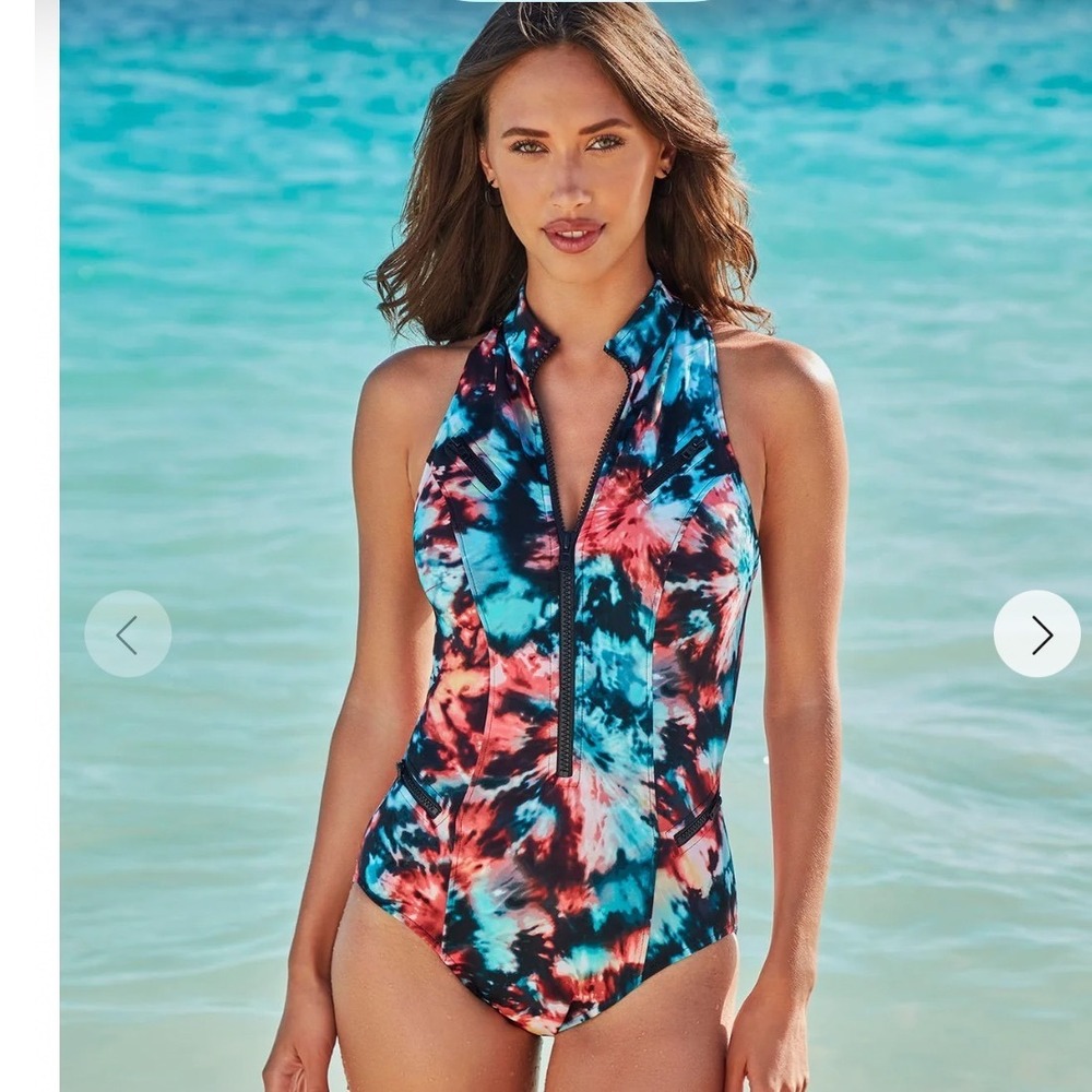 Magicsuit Festival Chic One Piece Swimsuit Tie Dye Front Zip Black Multi 12